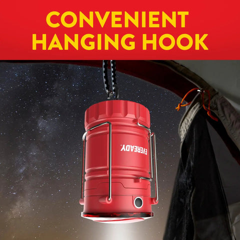 Three Pack LED Camping Lanterns Collapsible Lights For Tents And Outdoors with hanging hook shown in red color