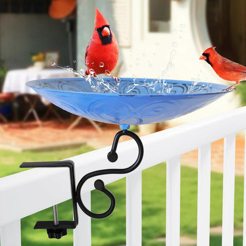 Deck Mounted Bird Bath Bowl For Garden Yard Decor Heavy Duty Solid Metal 12 Inch Rust Proof Water Basin with Cardinals splashing.