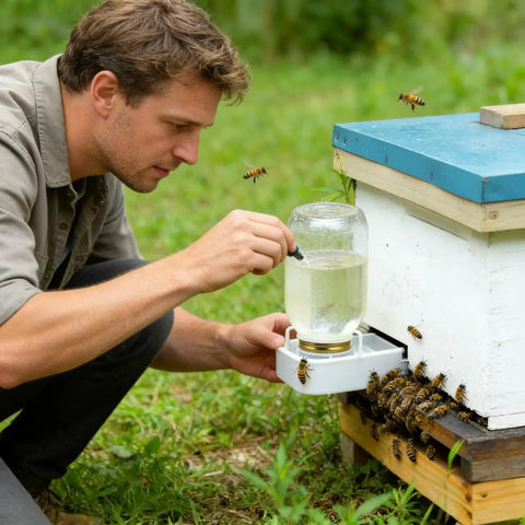 Using Beekeeping Water Dispenser Lids For Mason Jars on hive, essential beekeeping equipment