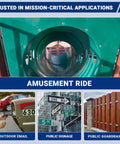 Amusement ride slide showing a green tube with metal base, used in playgrounds for outdoor activities.