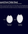 Diagram comparing round-front and elongated toilet seats for the Reveal Round Toilet Seat With Quiet Close Seat, Grip Tight Bumpers Stop Slippage, Quick Release Hinges For Easy Cleaning, Quick Attach Hardware, No Slam Toilet Seat, White.