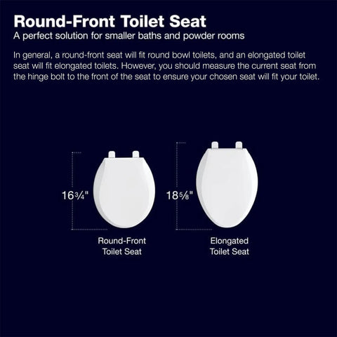 Diagram comparing round-front and elongated toilet seats for the Reveal Round Toilet Seat With Quiet Close Seat, Grip Tight Bumpers Stop Slippage, Quick Release Hinges For Easy Cleaning, Quick Attach Hardware, No Slam Toilet Seat, White.