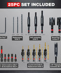 Badass 25 Piece Countersink Drill Bit Set With Self Centering Bits And Wood Plug Cutters For Straight Forward DIY Builds and detailed overview of included pieces.