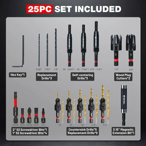 Badass 25 Piece Countersink Drill Bit Set With Self Centering Bits And Wood Plug Cutters For Straight Forward DIY Builds and detailed overview of included pieces.