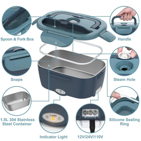 Hot On The Go Electric Lunch Box Heats Your Meal Anywhere 80W Portable Food Warmer with parts labeled