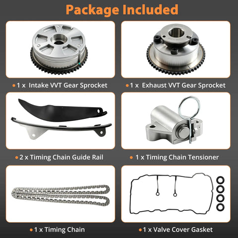 Timing Chain Kit With VVT Camshaft Sprocket And Both Intake And Exhaust Sprockets Plus Valve Cover Gasket For Hyundai Elantra Kona Veloster Kia Forte And Soul 20L Direct Replacement Parts Kit components displayed