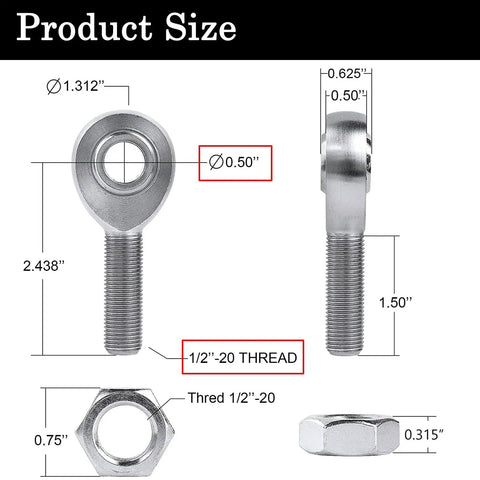 Beefy Half Inch Rod End Heim Joint Kit With Chromoly Joints For Panhard And Suspension Includes Left And Right Hand Thread Jam Nut Bung 1 Pair Fits 1 Inch Tube 0.065 Inch Wall, size diagram