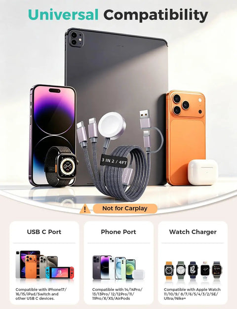 Universal compatibility with All In One Travel Charging Dock For Watch And Phone With 3 In 2 Cable, devices displayed.