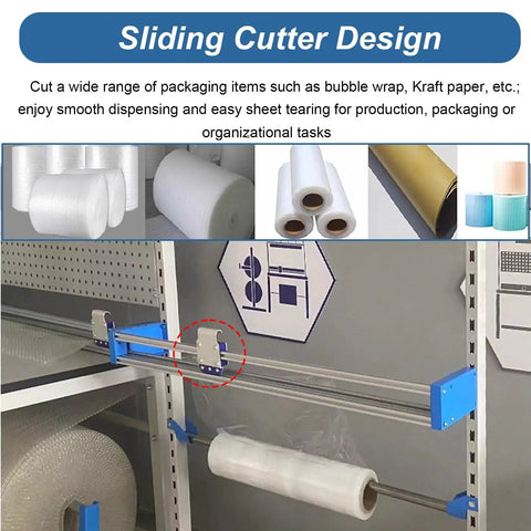 Badass Heavy Duty Steel Bubble Wrap Dispenser Stand With Razor Edge Cutter And Automatic Tension Brake showing sliding cutter design.