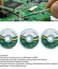 Hands using 5Pcs Solder Wick Desoldering Wick Copper Alloy Braid for precision work on PCB error fixes with product rolls.