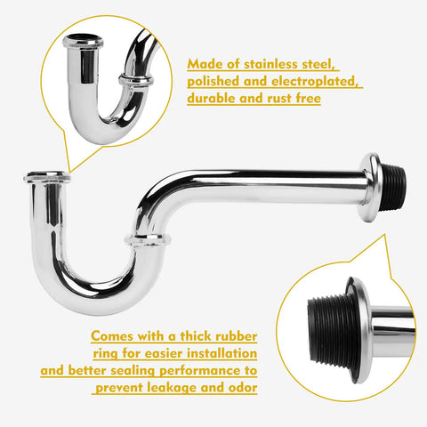 Stainless Steel P Trap One And A Quarter Inch Bathroom Basin Sink Waste Trap With Reducing Washer And Chrome Finish side view