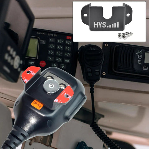 Universal Car Mount For Handheld CB And VHF UHF Radios, Microphone Hanger Holder Kit with side clip mount shown in vehicle.