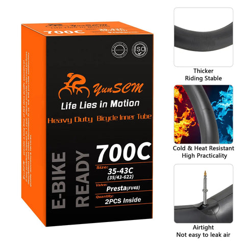 Beefy 700C Bicycle Inner Tubes With 48mm Presta Valve For 700x35c 38c 40c 42c 43c, Fits Mountain Gravel Hybrid Road Bikes, Durable Replacement Tubes, 2 Pack packaging