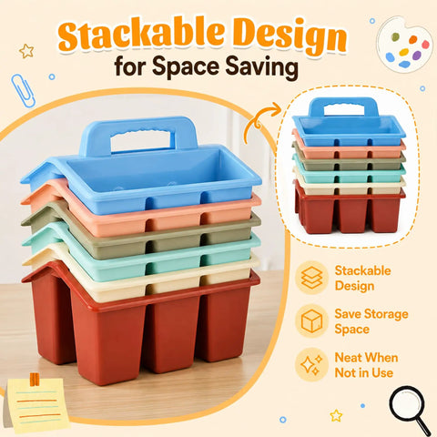 Stacked Plastic Classroom Caddy With Handle Six Pack 4 Compartment Desk Organizer in pastel colors for school and office.