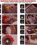 All In One Auto Bleed Scan Tool for ABS Bleeding and OBD2 SRS Diagnostics with brake service illustrations for specific vehicles.