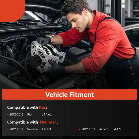 Mechanic installing Direct Fit 1.6L Hyundai Accent Veloster And Kia Rio Alternator Replacement OE Spec Easy Install