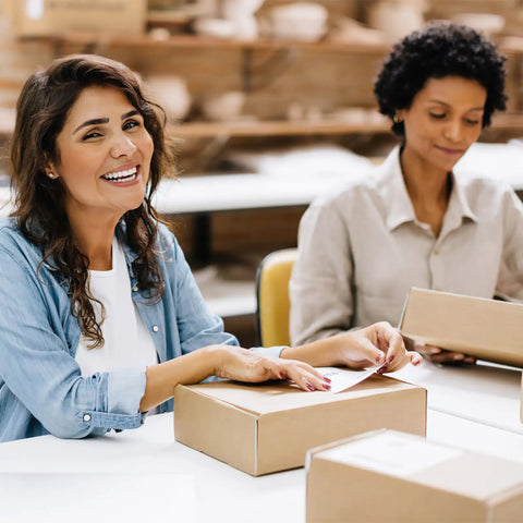 Two women packing Rock Solid 50 Pack Small Shipping Boxes 6x6x2 Inch Brown Kraft Corrugated Cardboard Mailing Cartons.