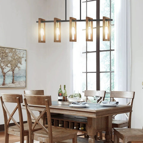 Five Light Farmhouse Chandelier With Hand Painted Wood Accents And Black Finish Rustic Semi Flush Mount Ceiling Light Fixture in dining room