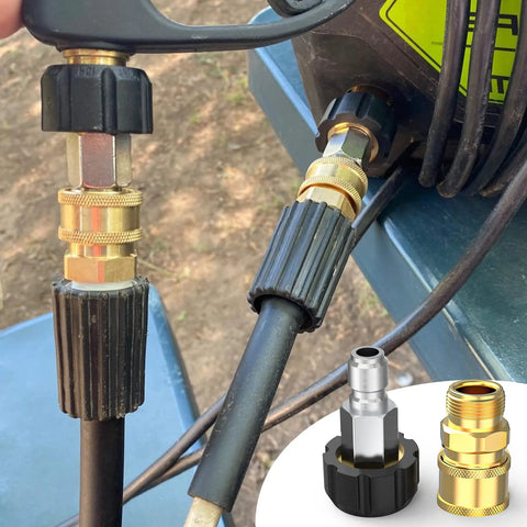 Twinkle Star pressure washer adapter set: brass M22 to 3/8 in quick-connect swivels on hose, black knurled nuts.