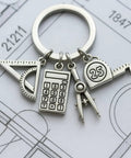 Engineer Keychain Set With Geometry Charm And Measuring Tools, triangle ruler, calculator, compass, tape measure charms