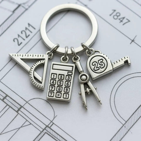 Engineer Keychain Set With Geometry Charm And Measuring Tools, triangle ruler, calculator, compass, tape measure charms