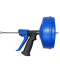 Side view of 25 Foot Drum Auger Drain Snake You Can Use Manually Or Power It With A Drill Auto Extend And Retract, blue plastic drum.