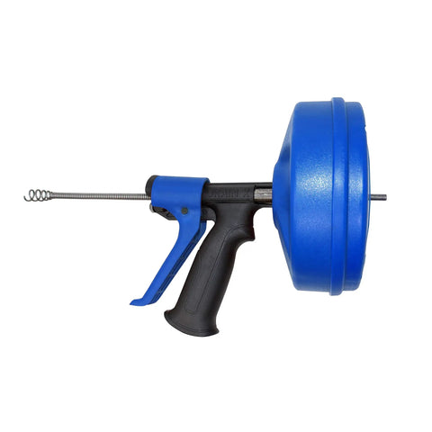 Side view of 25 Foot Drum Auger Drain Snake You Can Use Manually Or Power It With A Drill Auto Extend And Retract, blue plastic drum.