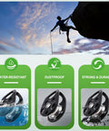 Collage of Zipline Speed Pulley 28KN Climbing Pulley for rope rescue and outdoor use, highlighting water-resistant, dustproof, strong features.