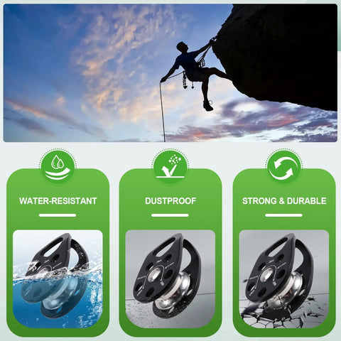 Collage of Zipline Speed Pulley 28KN Climbing Pulley for rope rescue and outdoor use, highlighting water-resistant, dustproof, strong features.
