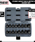 16 Piece Stubby Impact Hex Socket Set For SAE And Metric Sizes With Chrome Moly Steel Construction And Manganese Phosphate Coating Includes Storage Case For Heavy Duty Impact Use.