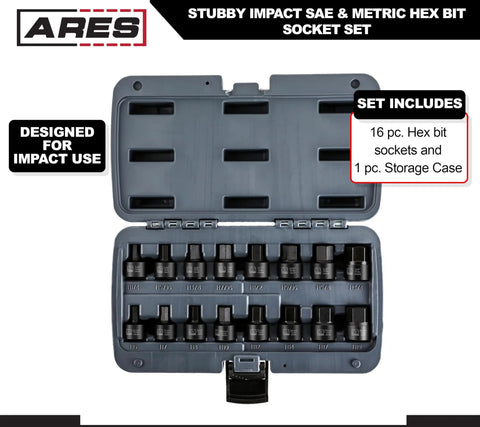16 Piece Stubby Impact Hex Socket Set For SAE And Metric Sizes With Chrome Moly Steel Construction And Manganese Phosphate Coating Includes Storage Case For Heavy Duty Impact Use.