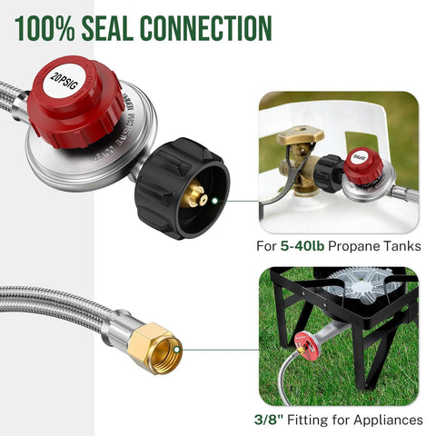 Front view of Alloxity 4ft braided propane regulator with hose, 0-20 PSI, 3/8 in female fitting