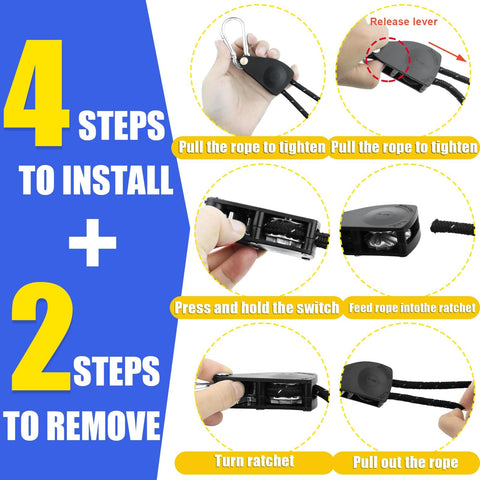 Diagram showing installation steps for Heavy Duty Kayak Tie Down Straps Kit With Bow And Stern Loops And Easy No Knot Setup.