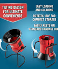 Electric Leaf Mulcher And Shredder with tilting design for wet and dry leaves, portable red unit on adjustable stand.