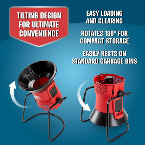 Electric Leaf Mulcher And Shredder with tilting design for wet and dry leaves, portable red unit on adjustable stand.