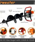 Beefy Gas Powered Post Hole Digger Earth Auger With 62cc 1.9HP 2 Stroke Engine Includes 3 Inch 5 Inch And 8 Inch Drill Bits