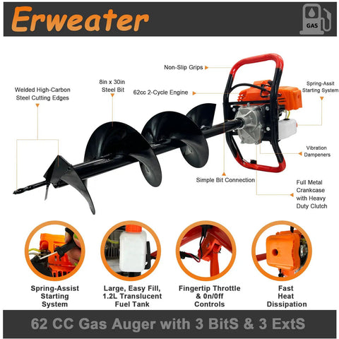 Beefy Gas Powered Post Hole Digger Earth Auger With 62cc 1.9HP 2 Stroke Engine Includes 3 Inch 5 Inch And 8 Inch Drill Bits