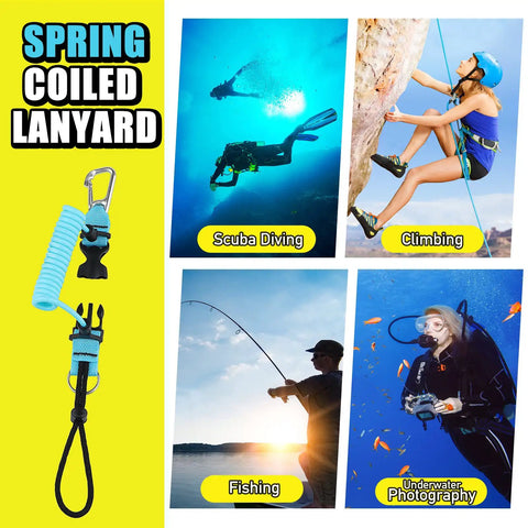 Scuba Diving Coil Lanyard With Spring Loaded Gate Clip, Stainless Steel, Quick Release Buckle, TPU Coated, 95 Centimeter Extension