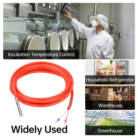 Usage scenarios for Two Pack Pt1000 Temperature Sensor Probes with 3M Silicone Cable in incubation, refrigeration, warehouse, greenhouse.