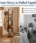 Rotating Coat Rack Freestanding With 9 Hooks And 3 Shelves, Heavy-Duty Rubberwood Hall Tree In Walnut Finish for organized display