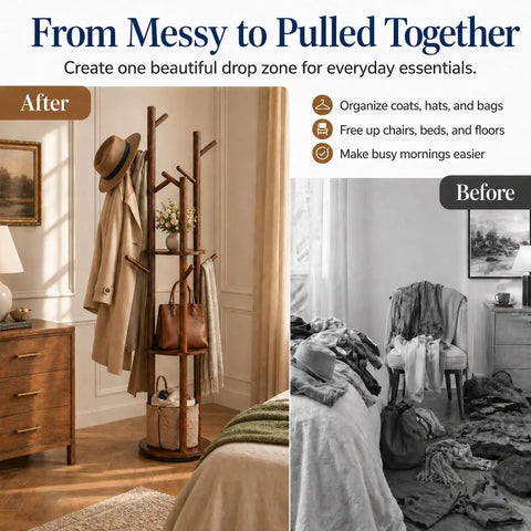 Rotating Coat Rack Freestanding With 9 Hooks And 3 Shelves, Heavy-Duty Rubberwood Hall Tree In Walnut Finish for organized display