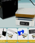 Electric Soldering Hot Plate 55mm X 55mm Plate with OLED display showing 200°C, connected to various power sources for lab use.