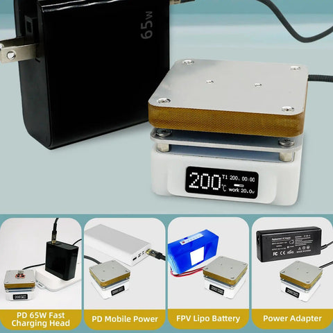 Electric Soldering Hot Plate 55mm X 55mm Plate with OLED display showing 200°C, connected to various power sources for lab use.