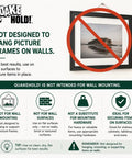 Image with text stating Quakehold! is not designed for wall mounting. Includes symbols for not using on walls and instructions for flat surfaces.