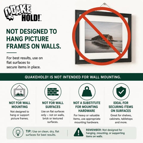 Image with text stating Quakehold! is not designed for wall mounting. Includes symbols for not using on walls and instructions for flat surfaces.
