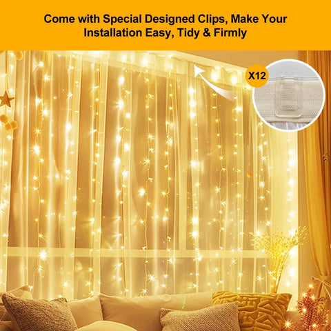 Upgraded Tangle-Free Warm White USB Curtain Lights With 200 LEDs, 6.6Ft By 6.6Ft Window String, Remote Included, 8 Modes, Cuttable For DIY Decor