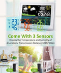 Wireless Weather Station With Three Sensors, Color Display Digital Atomic Clocks, Indoor Outdoor Temp And Humidity shown