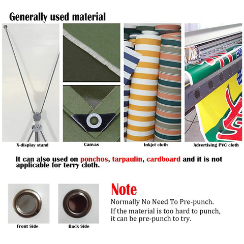 Materials for Grommet Tool Kit With Handheld Hole Punch Pliers, showing X-display stand, canvas, inkjet cloth, PVC cloth, grommet details