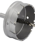 Carbide Tipped Hole Cutter Four And One Sixteenth Inch Diameter With One Inch Depth Of Cut showing teeth and pilot drill