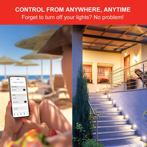 Person using phone to control Alexa Compatible Smart Light Bulbs 100W Equivalent, 1500 Lumens, Soft White 2700K remotely.